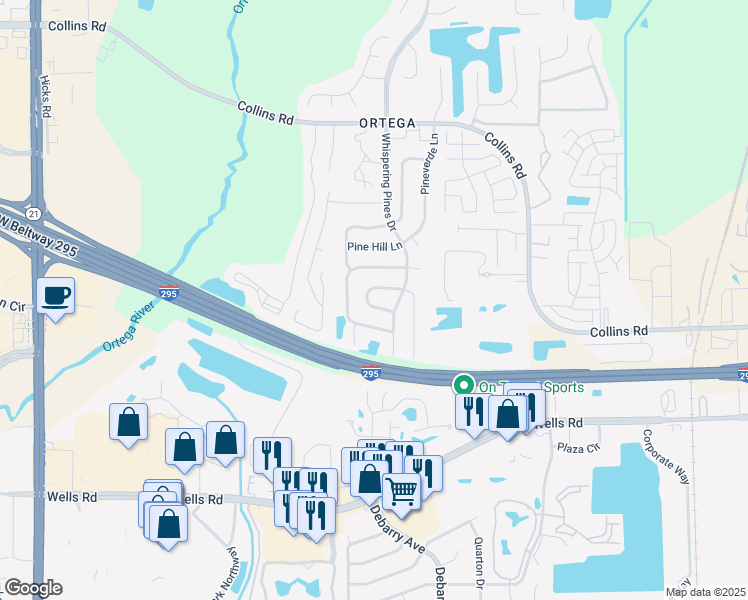 map of restaurants, bars, coffee shops, grocery stores, and more near 5619 Pinebay Circle South in Jacksonville
