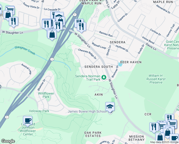 map of restaurants, bars, coffee shops, grocery stores, and more near 4504 Steed Drive in Austin