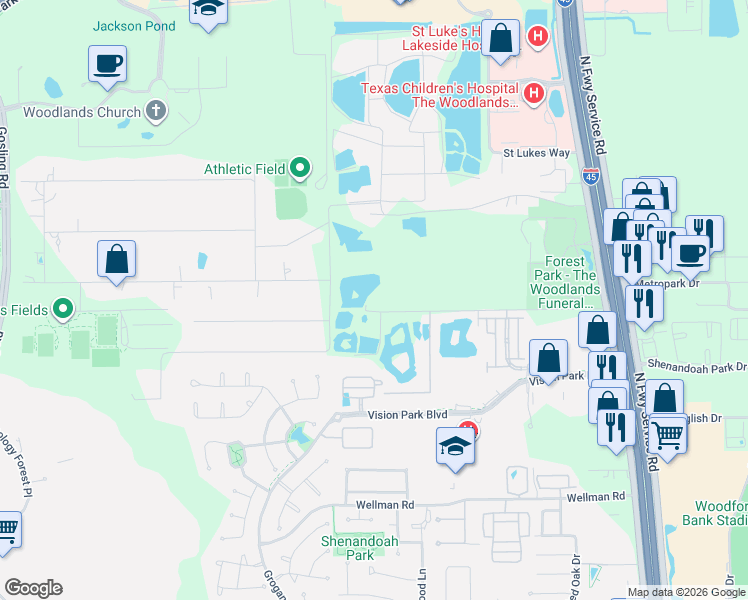 map of restaurants, bars, coffee shops, grocery stores, and more near 18150 Lark Lane in Conroe