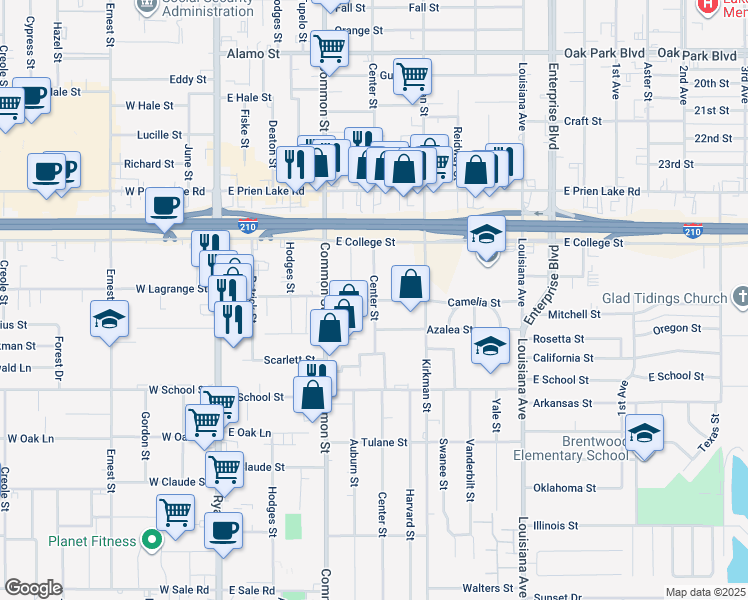 map of restaurants, bars, coffee shops, grocery stores, and more near 698 East Lagrange Street in Lake Charles
