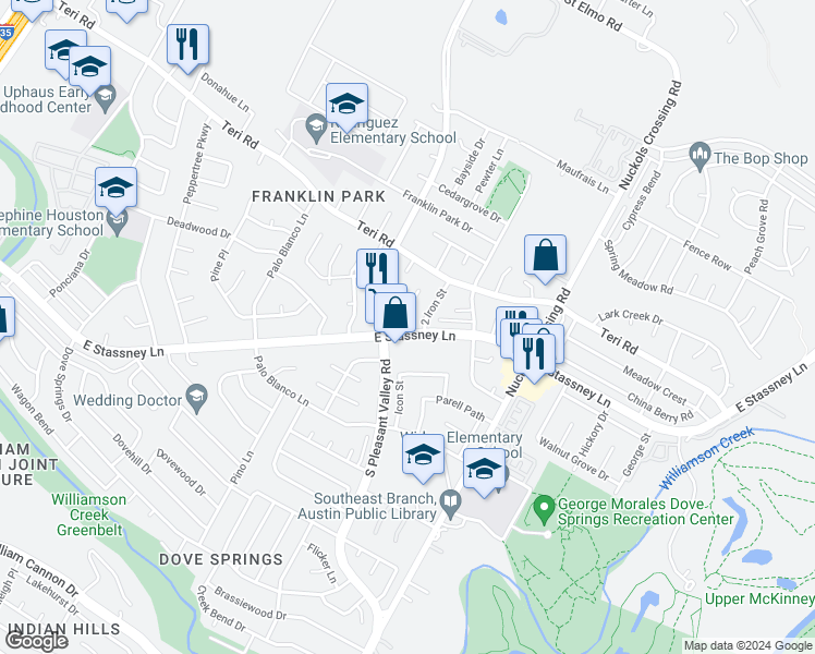 map of restaurants, bars, coffee shops, grocery stores, and more near 5309 Woodland Oaks Court in Austin