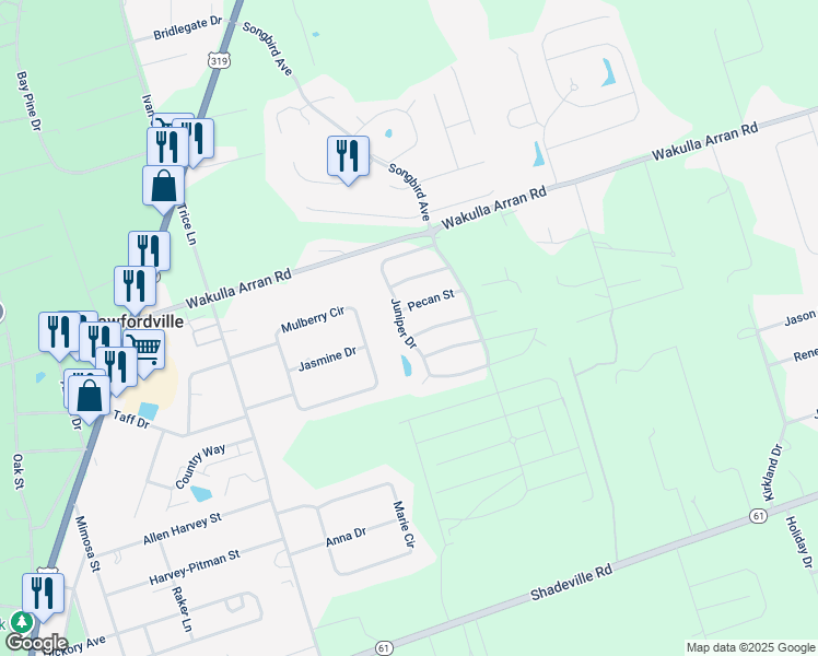 map of restaurants, bars, coffee shops, grocery stores, and more near 124 Juniper Drive in Crawfordville