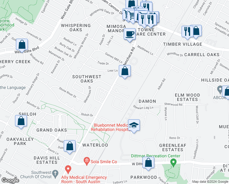 map of restaurants, bars, coffee shops, grocery stores, and more near 7811 Menchaca Road in Austin