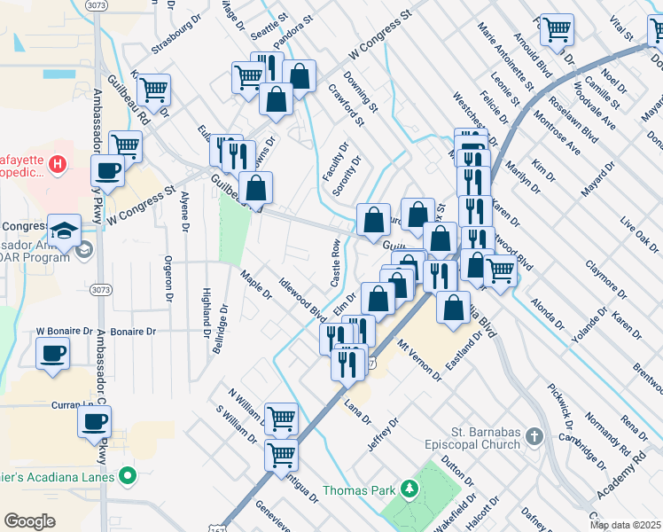 map of restaurants, bars, coffee shops, grocery stores, and more near 106 Castle Row in Lafayette