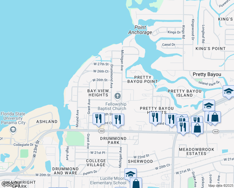map of restaurants, bars, coffee shops, grocery stores, and more near 3998 25th Street in Panama City