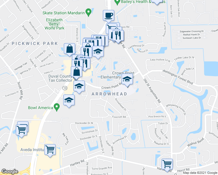 map of restaurants, bars, coffee shops, grocery stores, and more near 3765 Crown Point Road in Jacksonville