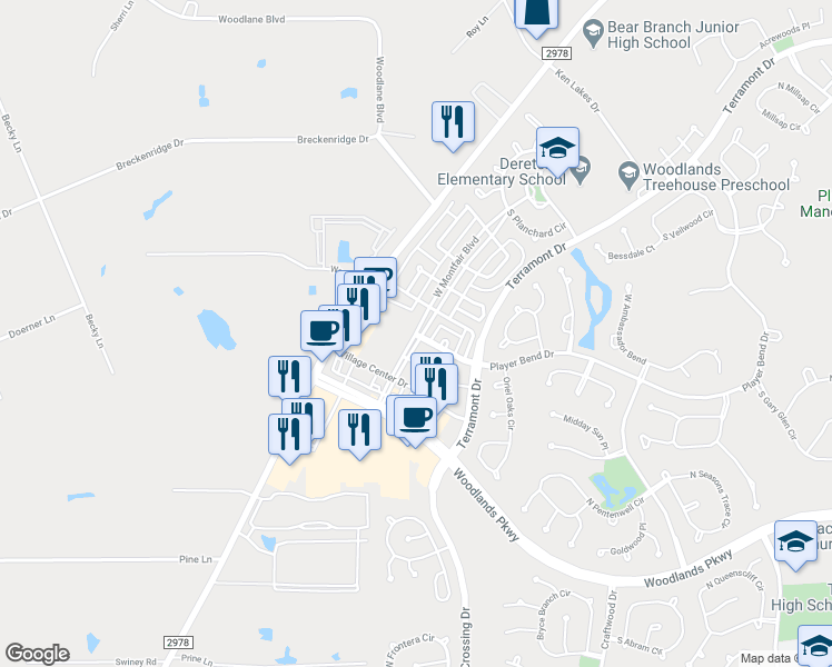 map of restaurants, bars, coffee shops, grocery stores, and more near 10703 West Montfair Boulevard in Spring