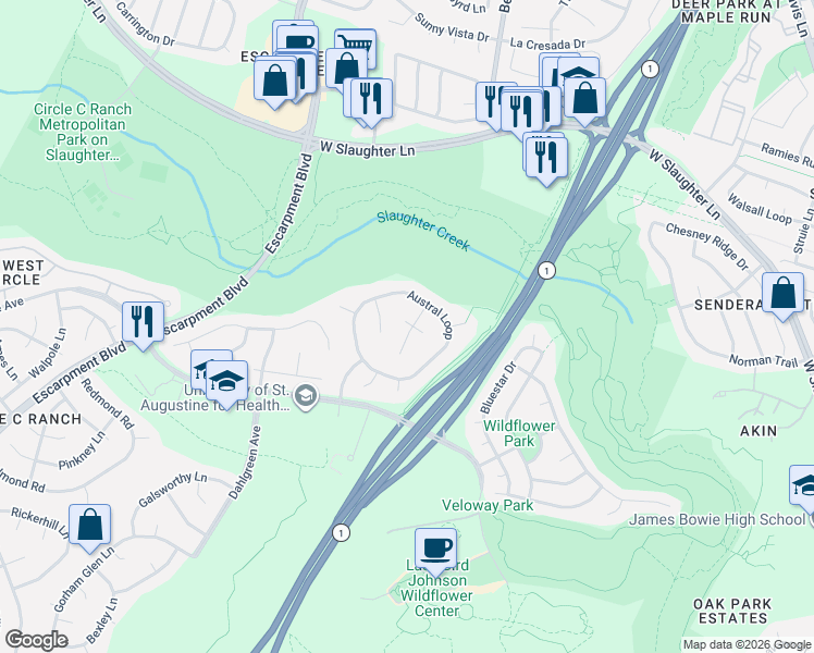 map of restaurants, bars, coffee shops, grocery stores, and more near 5315 Viamonte Lane in Austin