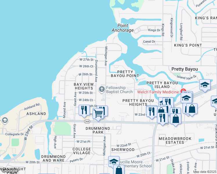 map of restaurants, bars, coffee shops, grocery stores, and more near 2531 Michigan Avenue in Panama City