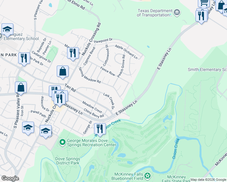 map of restaurants, bars, coffee shops, grocery stores, and more near 4808 Peach Grove Road in Austin