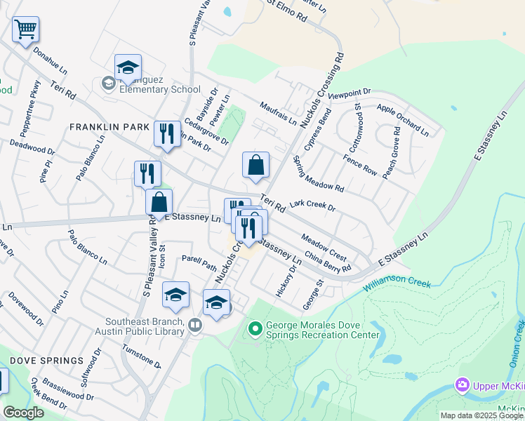 map of restaurants, bars, coffee shops, grocery stores, and more near 5103 Teri Road in Austin