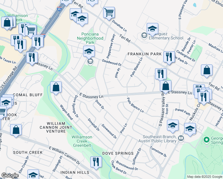 map of restaurants, bars, coffee shops, grocery stores, and more near 2307 Tamarisk Circle in Austin