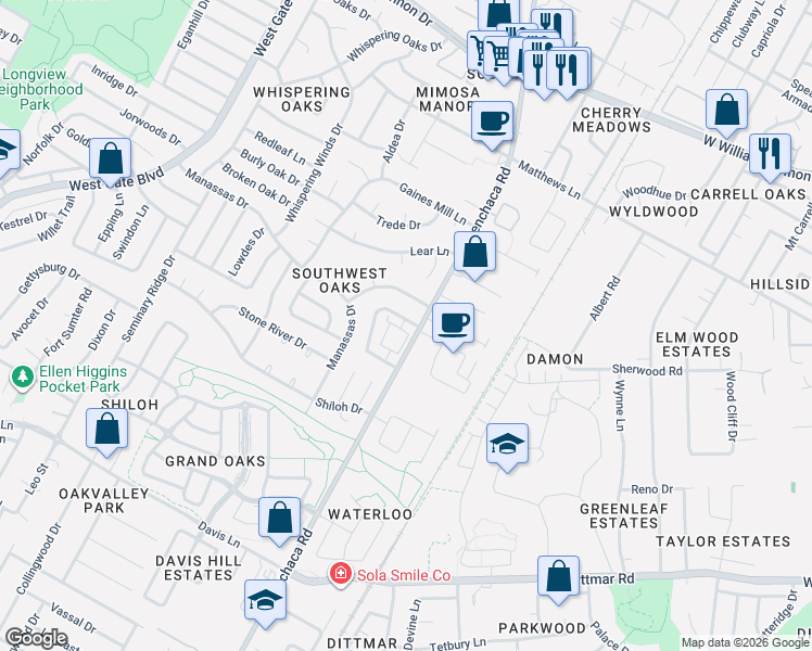 map of restaurants, bars, coffee shops, grocery stores, and more near 7708 Beauregard Circle in Austin