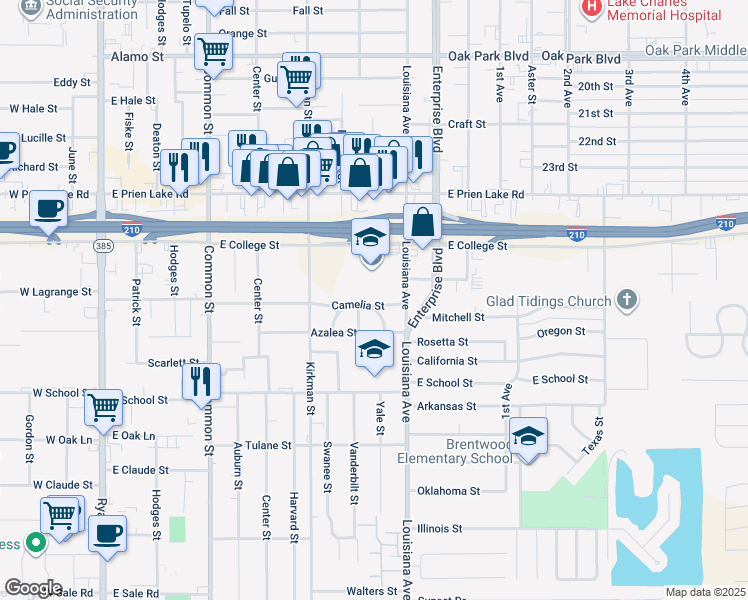 map of restaurants, bars, coffee shops, grocery stores, and more near 1001 Camelia Street in Lake Charles