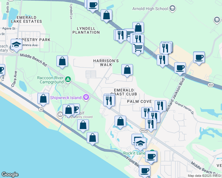 map of restaurants, bars, coffee shops, grocery stores, and more near 118 Moonraker Circle in Panama City Beach