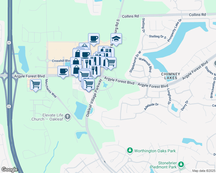 map of restaurants, bars, coffee shops, grocery stores, and more near 8595 Tower Falls Drive in Jacksonville
