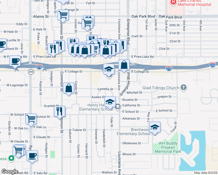 map of restaurants, bars, coffee shops, grocery stores, and more near 1001 Camelia Street in Lake Charles