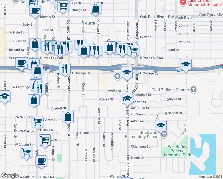 map of restaurants, bars, coffee shops, grocery stores, and more near 811 Camelia St in Lake Charles