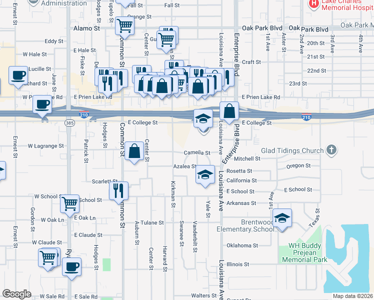 map of restaurants, bars, coffee shops, grocery stores, and more near 811 Camelia St in Lake Charles