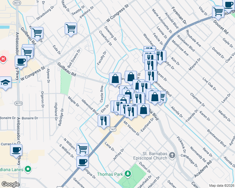 map of restaurants, bars, coffee shops, grocery stores, and more near 203 Guilbeau Road in Lafayette