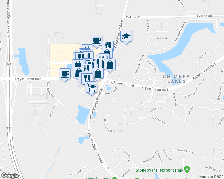map of restaurants, bars, coffee shops, grocery stores, and more near 8589 Tower Falls Drive in Jacksonville