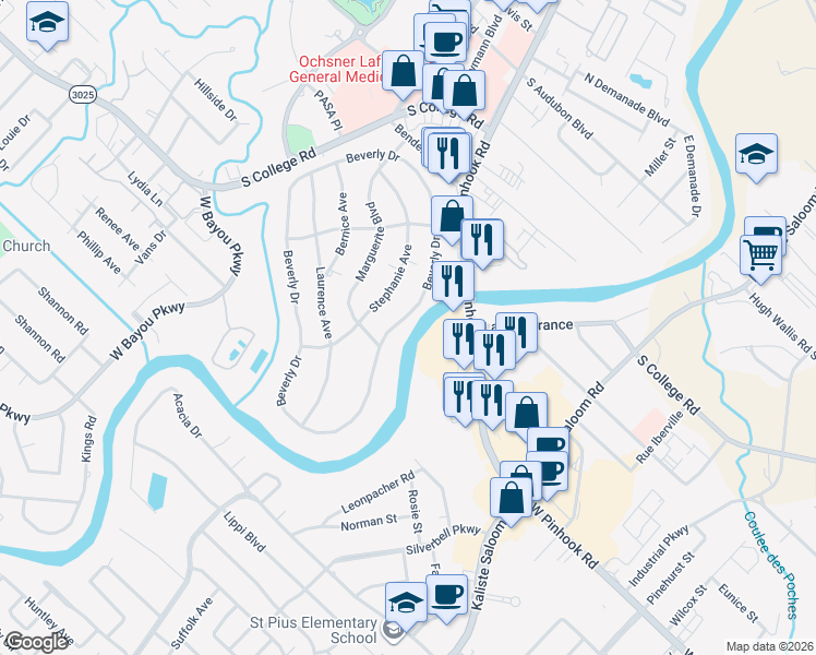 map of restaurants, bars, coffee shops, grocery stores, and more near 222 Beverly Drive in Lafayette