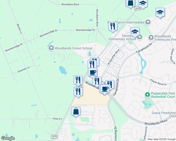 map of restaurants, bars, coffee shops, grocery stores, and more near 30585 Farm to Market Road 2978 in Magnolia
