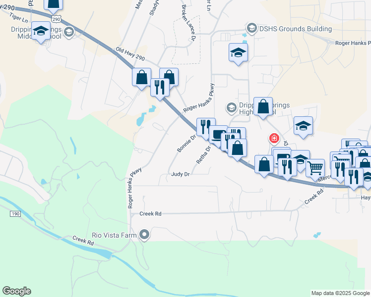 map of restaurants, bars, coffee shops, grocery stores, and more near 191 Bonnie Drive in Dripping Springs