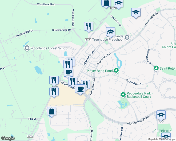 map of restaurants, bars, coffee shops, grocery stores, and more near 27 Pine Needle Place in Spring