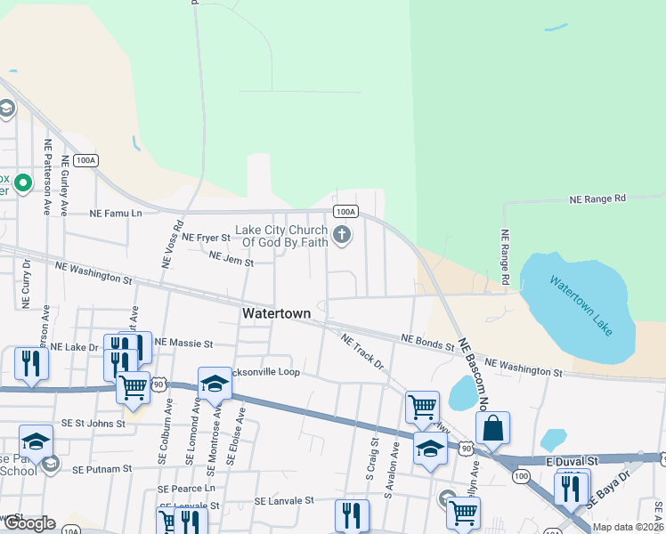 map of restaurants, bars, coffee shops, grocery stores, and more near 119 Northeast Fudge Road in Lake City