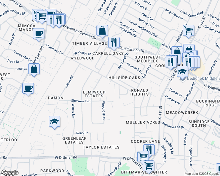 map of restaurants, bars, coffee shops, grocery stores, and more near 1101 Matthews Lane in Austin