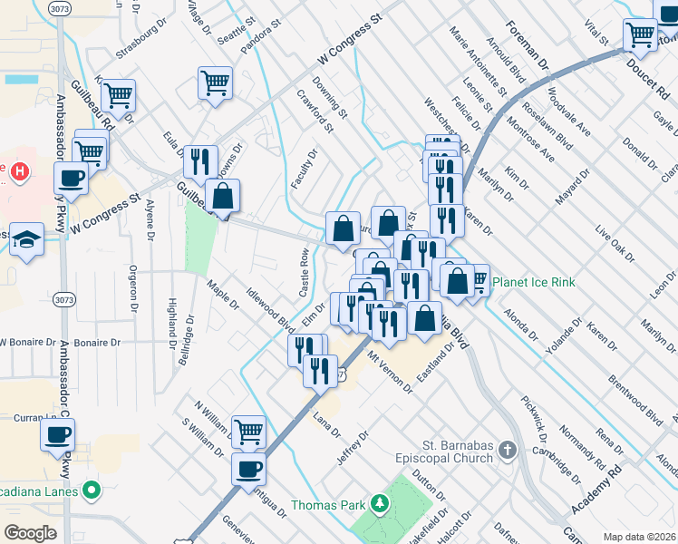 map of restaurants, bars, coffee shops, grocery stores, and more near 130 Judice Meadows Lane in Lafayette