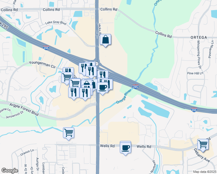 map of restaurants, bars, coffee shops, grocery stores, and more near 8555 Blanding Boulevard in Jacksonville