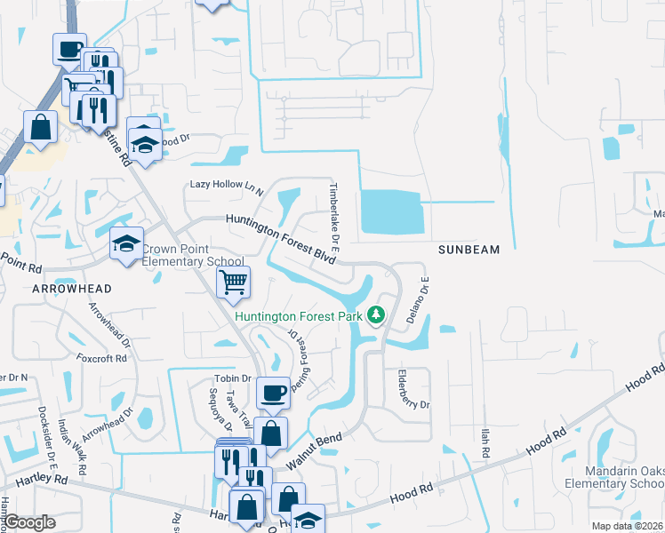map of restaurants, bars, coffee shops, grocery stores, and more near 9978 Timberlake Drive East in Jacksonville