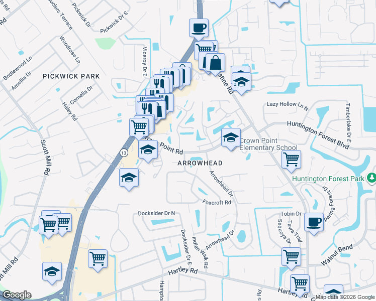 map of restaurants, bars, coffee shops, grocery stores, and more near 9957 Moorings Drive in Jacksonville