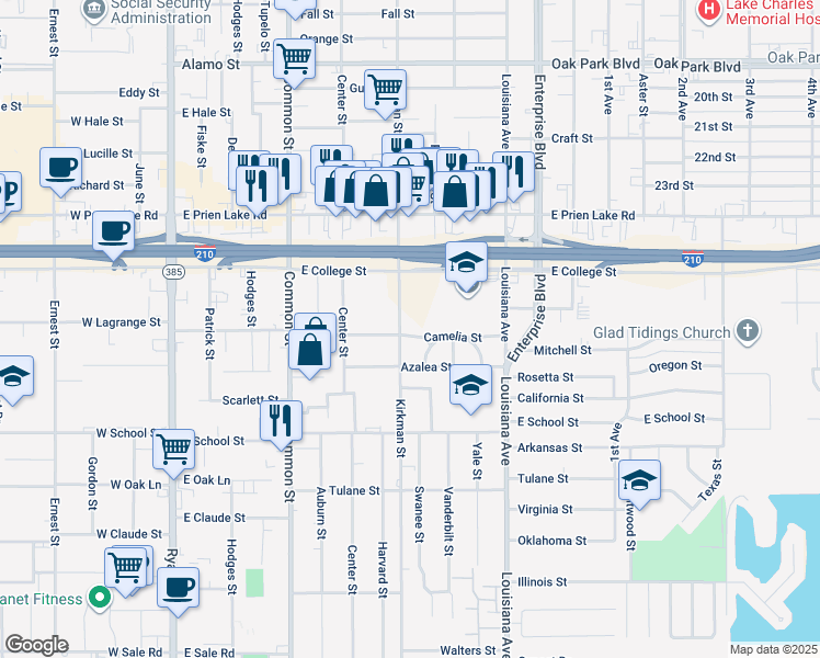 map of restaurants, bars, coffee shops, grocery stores, and more near 3400-3498 Kirkman St in Lake Charles