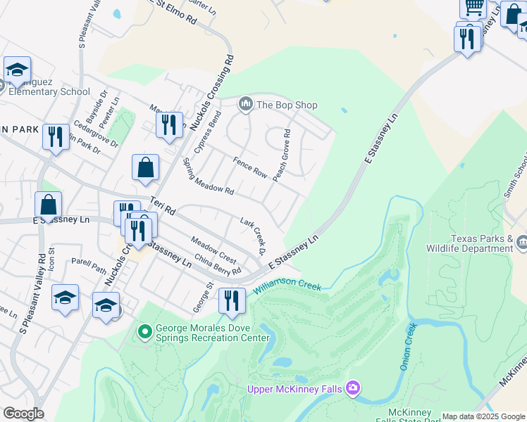 map of restaurants, bars, coffee shops, grocery stores, and more near 4808 Peach Grove Road in Austin
