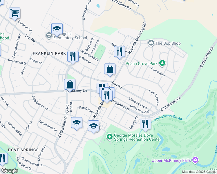 map of restaurants, bars, coffee shops, grocery stores, and more near 5103 Teri Road in Austin