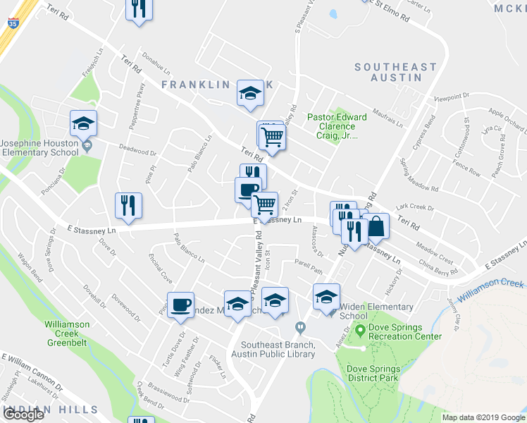 map of restaurants, bars, coffee shops, grocery stores, and more near 5305A South Pleasant Valley Road in Austin