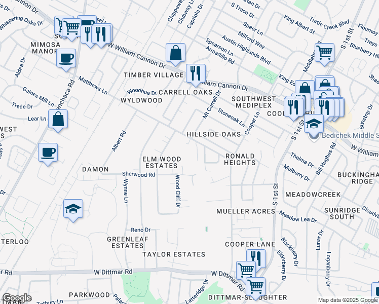 map of restaurants, bars, coffee shops, grocery stores, and more near 1101 Matthews Lane in Austin