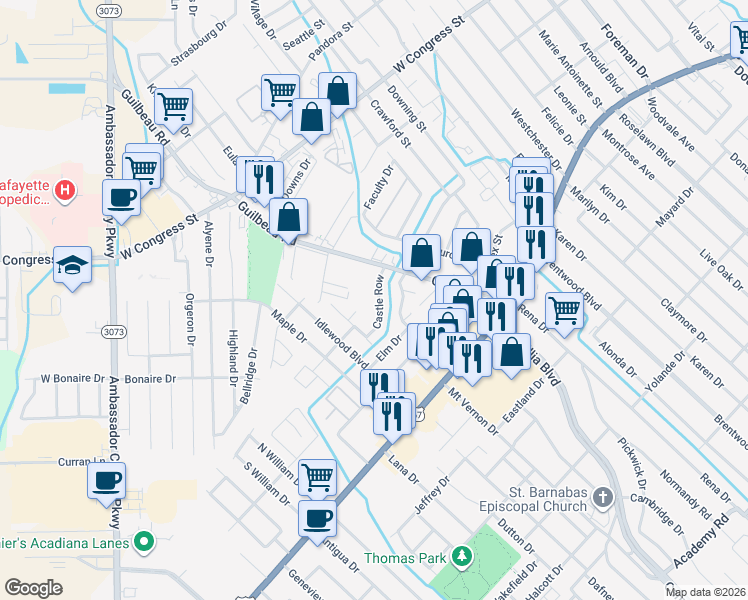 map of restaurants, bars, coffee shops, grocery stores, and more near 112 Castle Row in Lafayette