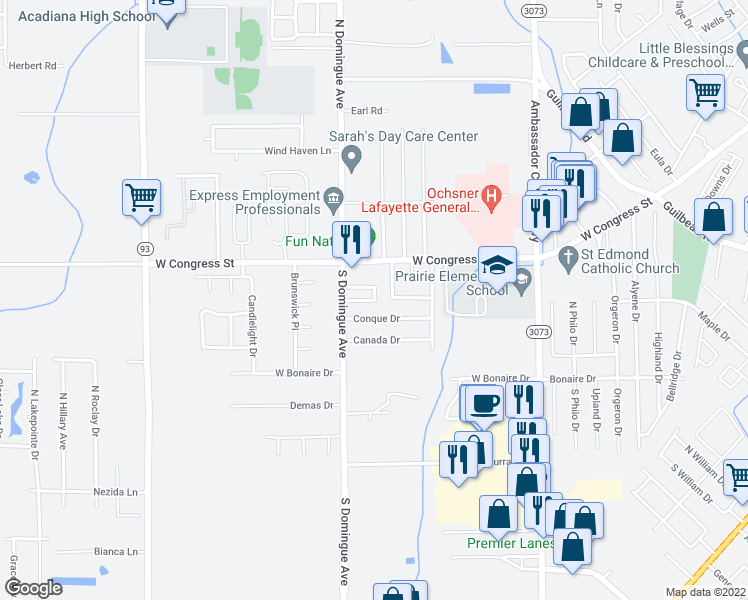 map of restaurants, bars, coffee shops, grocery stores, and more near 115 Palm Springs Avenue in Lafayette