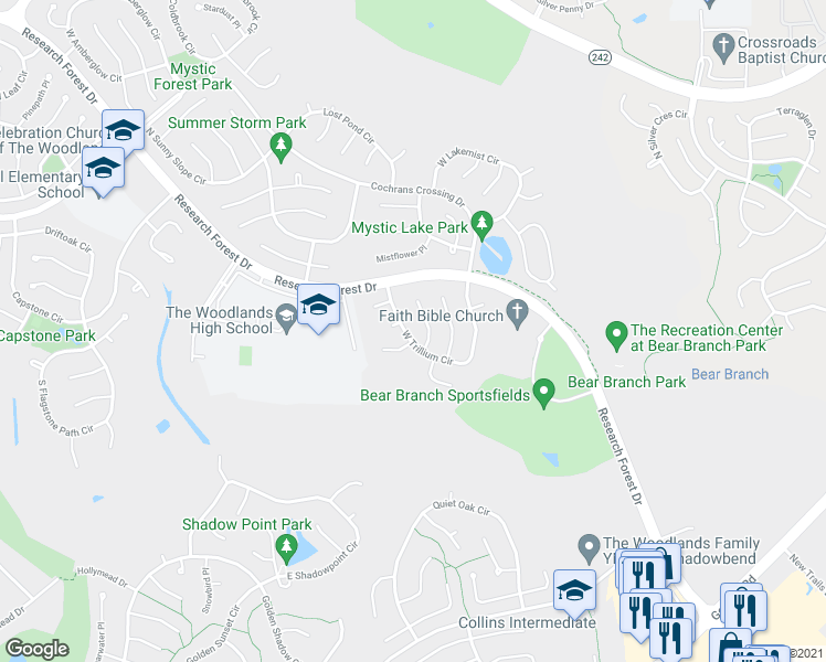 map of restaurants, bars, coffee shops, grocery stores, and more near 98 West Trillium Circle in Spring