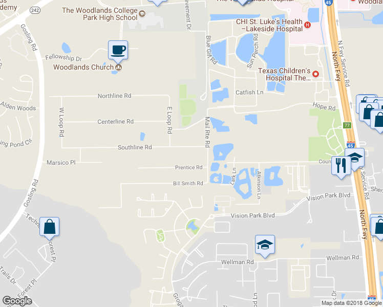 map of restaurants, bars, coffee shops, grocery stores, and more near 2403 Southline Road in Conroe