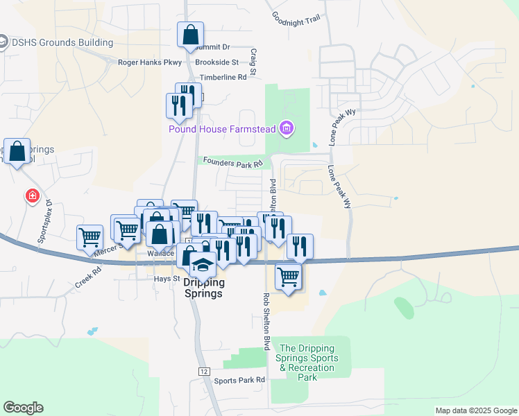 map of restaurants, bars, coffee shops, grocery stores, and more near 163 Diamond Point Drive in Dripping Springs