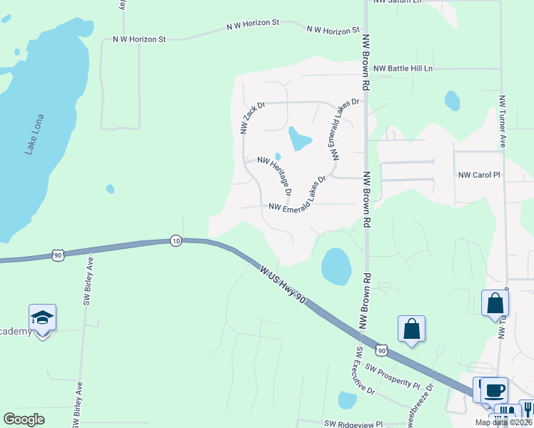 map of restaurants, bars, coffee shops, grocery stores, and more near 754 Northwest Emerald Lakes Drive in Lake City