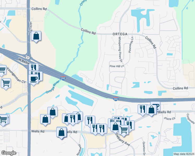 map of restaurants, bars, coffee shops, grocery stores, and more near 8415 Oak Crossing Drive West in Jacksonville