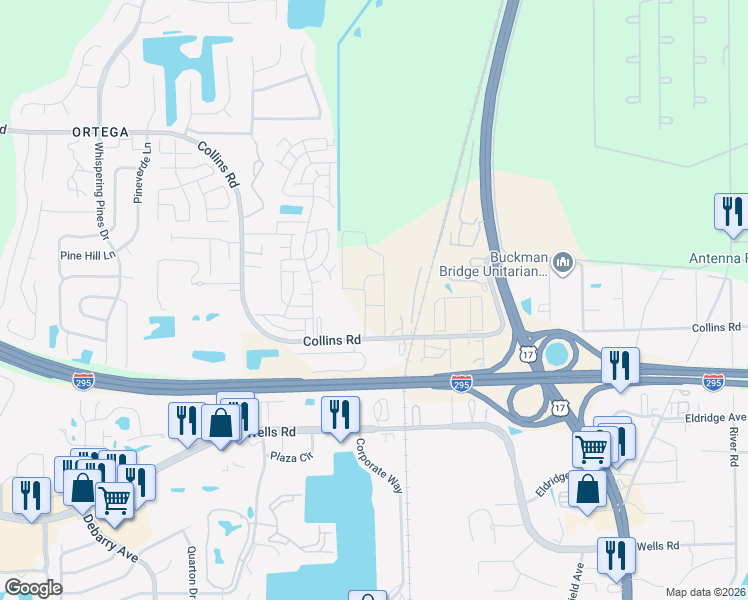 map of restaurants, bars, coffee shops, grocery stores, and more near 4851 Collins Road in Jacksonville