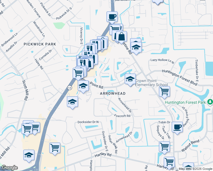 map of restaurants, bars, coffee shops, grocery stores, and more near 9957 Moorings Drive in Jacksonville