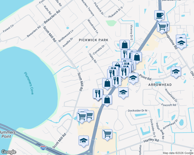 map of restaurants, bars, coffee shops, grocery stores, and more near 2974 Mandarin Hollow Drive in Jacksonville